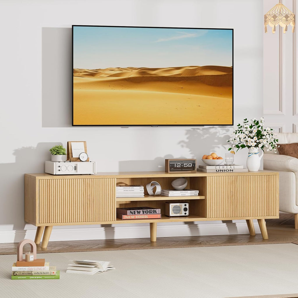 Natural Wood TV Stand with Fluted Sliding Doors W1890