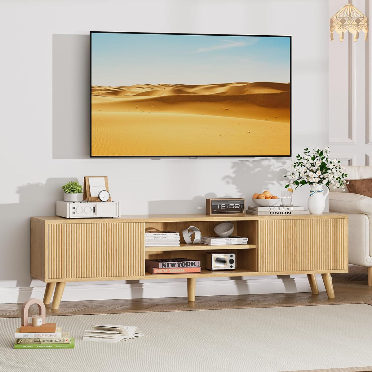 Natural Wood TV Stand with Fluted Sliding Doors W1890