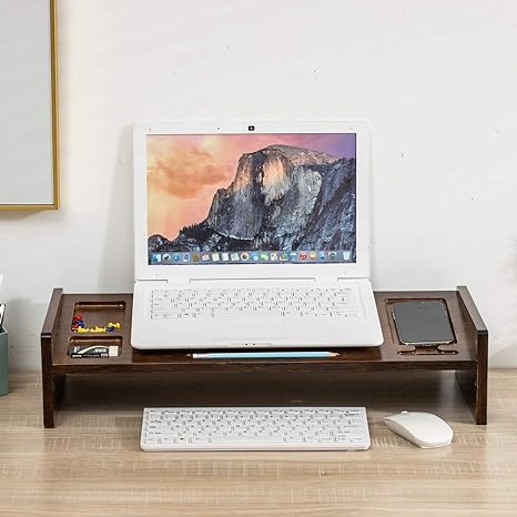 Bamboo Monitor Stand Riser with Drawer, 2 Tier Desk Organizer Stand P12788