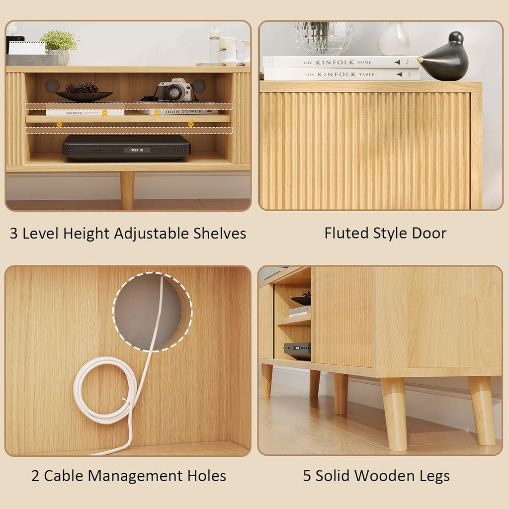 Natural Wood TV Stand with Fluted Sliding Doors W1890