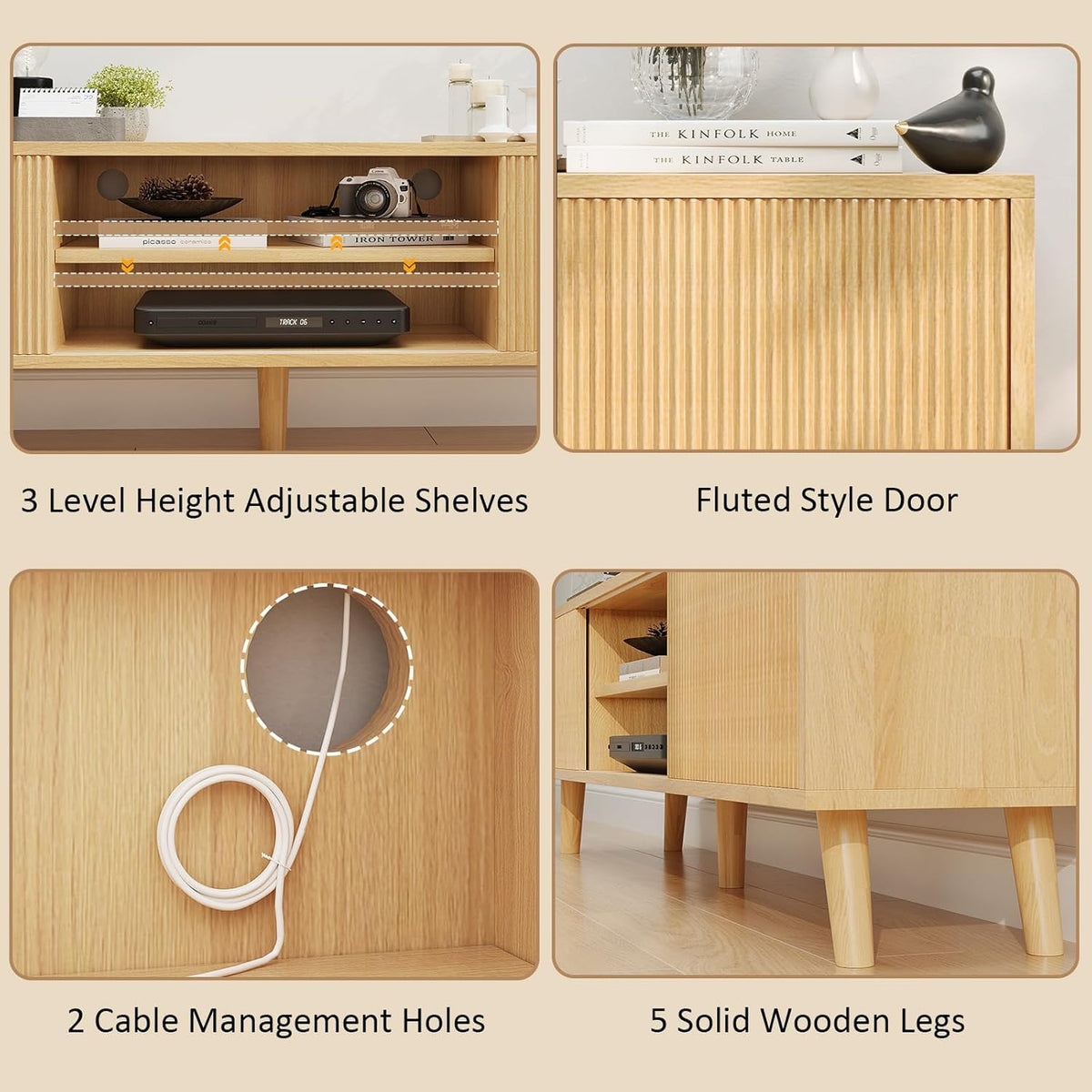 Natural Wood TV Stand with Fluted Sliding Doors W1890