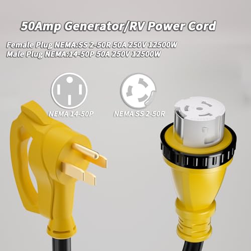 50 Amp 10FT RV Extension Cord with Twist Lock NEMA 14-50P to SS2-50R 6/3+8/1 AWG STW Wire O15113