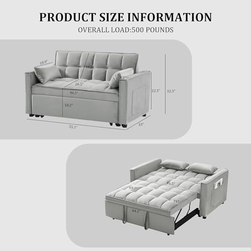 Gray Velvet Convertible Sleeper Sofa Bed F9902