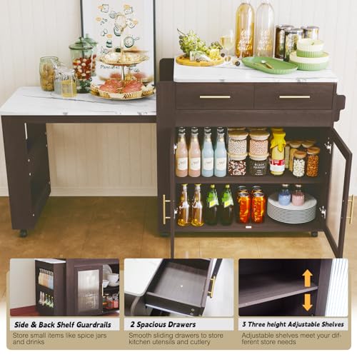 Extendable Kitchen Island on Wheels with Power Outlet and Storage Cabinet and Drawers U186