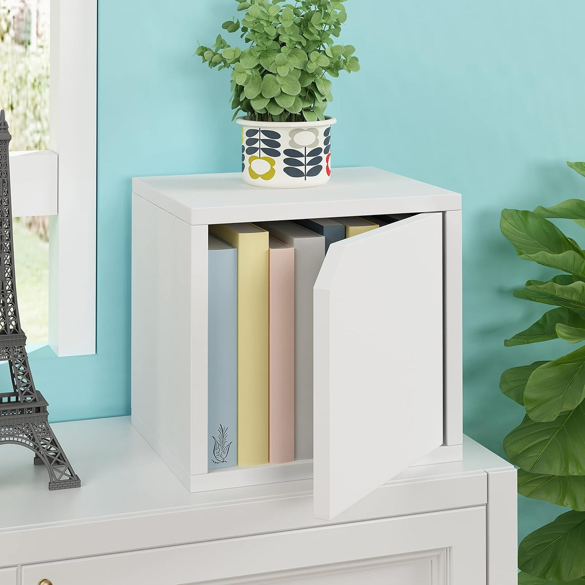 White Stackable Bookshelf Cube with Door Modular Closet Organizer and Storage U741