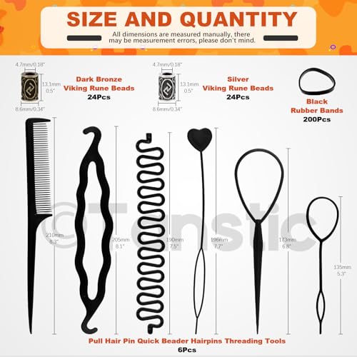 300Pcs Viking Rune Beads Hair Beard Beads Set including 5Pcs Black Pull Hairpin Quick Beader Hairpins and 200Pcs Black Rubber Bands with a Bag F55137