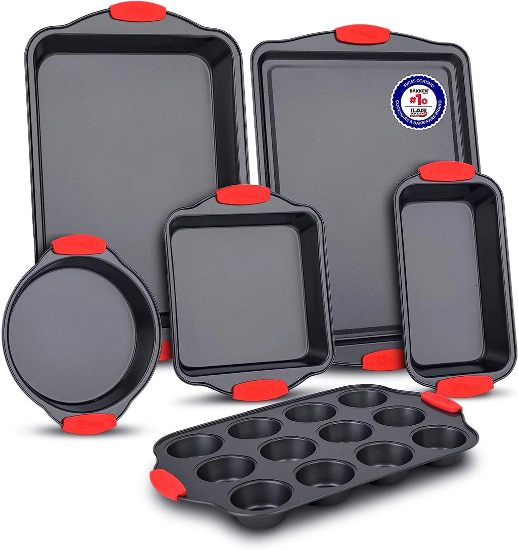 6 Piece Non-Stick Carbon Steel Bakeware Set with Red Silicone Handles R3043
