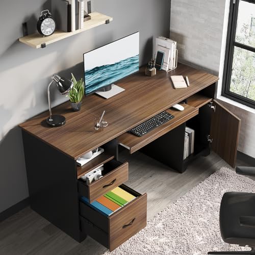 59" Executive Desk with 2 Drawers, Storage Cabinet, File Drawer, Keyboard Tray & 2 Pedestals, Cherry Q46581