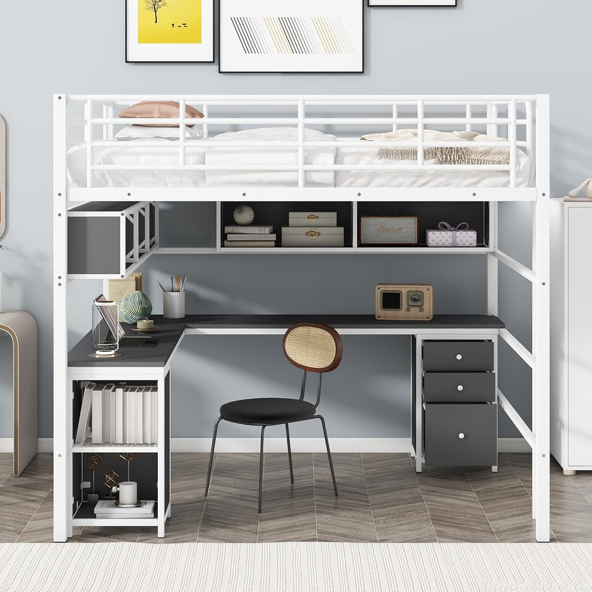 Full Size Metal Loft Bed with Bookcase and Desk E54133