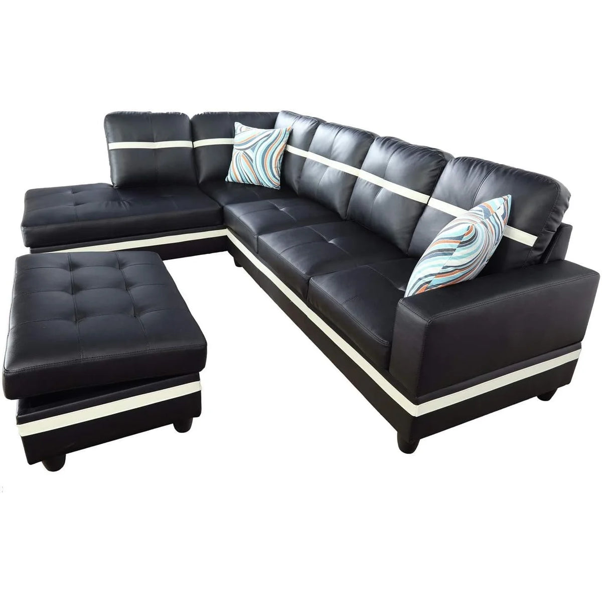 Black Leather 3-Piece L-Shaped Sectional Sofa Set with Ottoman I304507