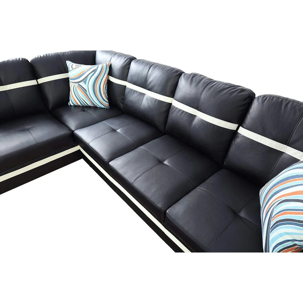 Black Leather 3-Piece L-Shaped Sectional Sofa Set with Ottoman I304507