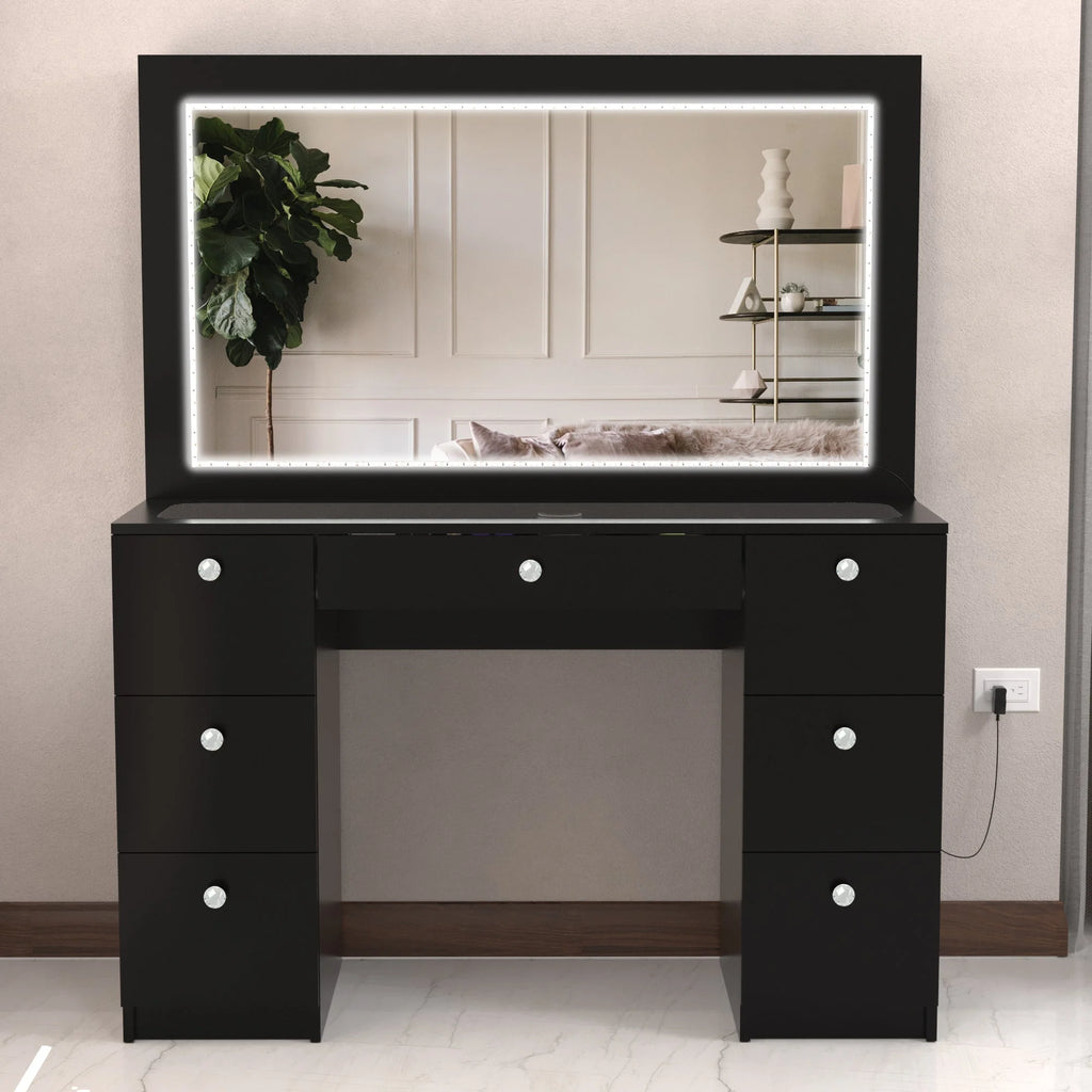 Black Vanity Desk with LED Lights, 7 Drawers, Mirror Y158
