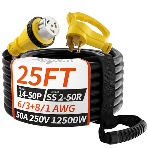 50 Amp 10FT RV Extension Cord with Twist Lock NEMA 14-50P to SS2-50R 6/3+8/1 AWG STW Wire O15113