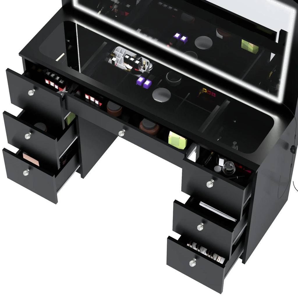 Black Vanity Desk with LED Lights, 7 Drawers, Mirror Y158