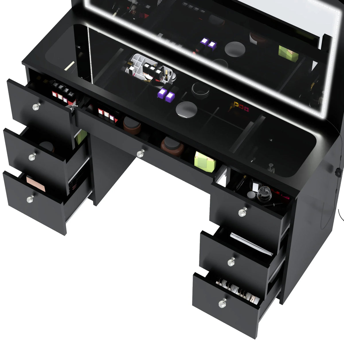 Black Vanity Desk with LED Lights, 7 Drawers, Mirror Y158