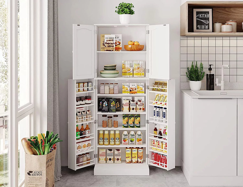 White Tall Kitchen Pantry Storage Cabinet with Doors and Shelves D406
