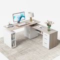 White Frame Light Walnut Top Electric Height Adjustable L Shaped Standing Desk with 3-Drawer File Cabinet L58402