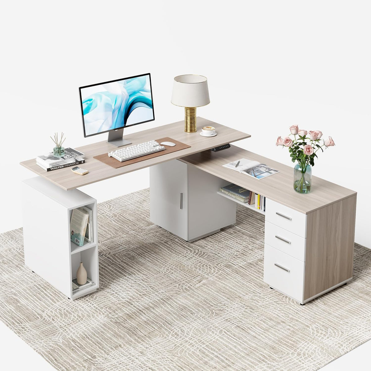 White Frame Light Walnut Top Electric Height Adjustable L Shaped Standing Desk with 3-Drawer File Cabinet L58402