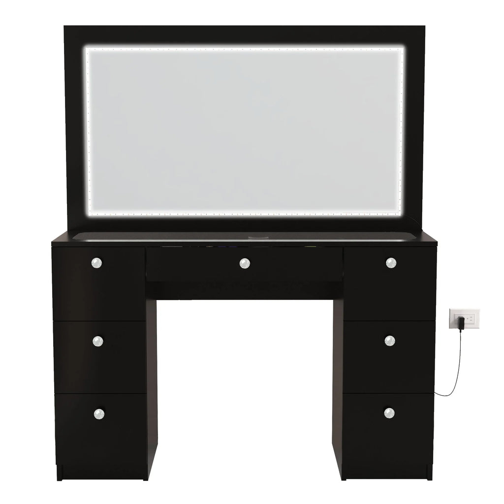 Black Vanity Desk with LED Lights, 7 Drawers, Mirror Y158
