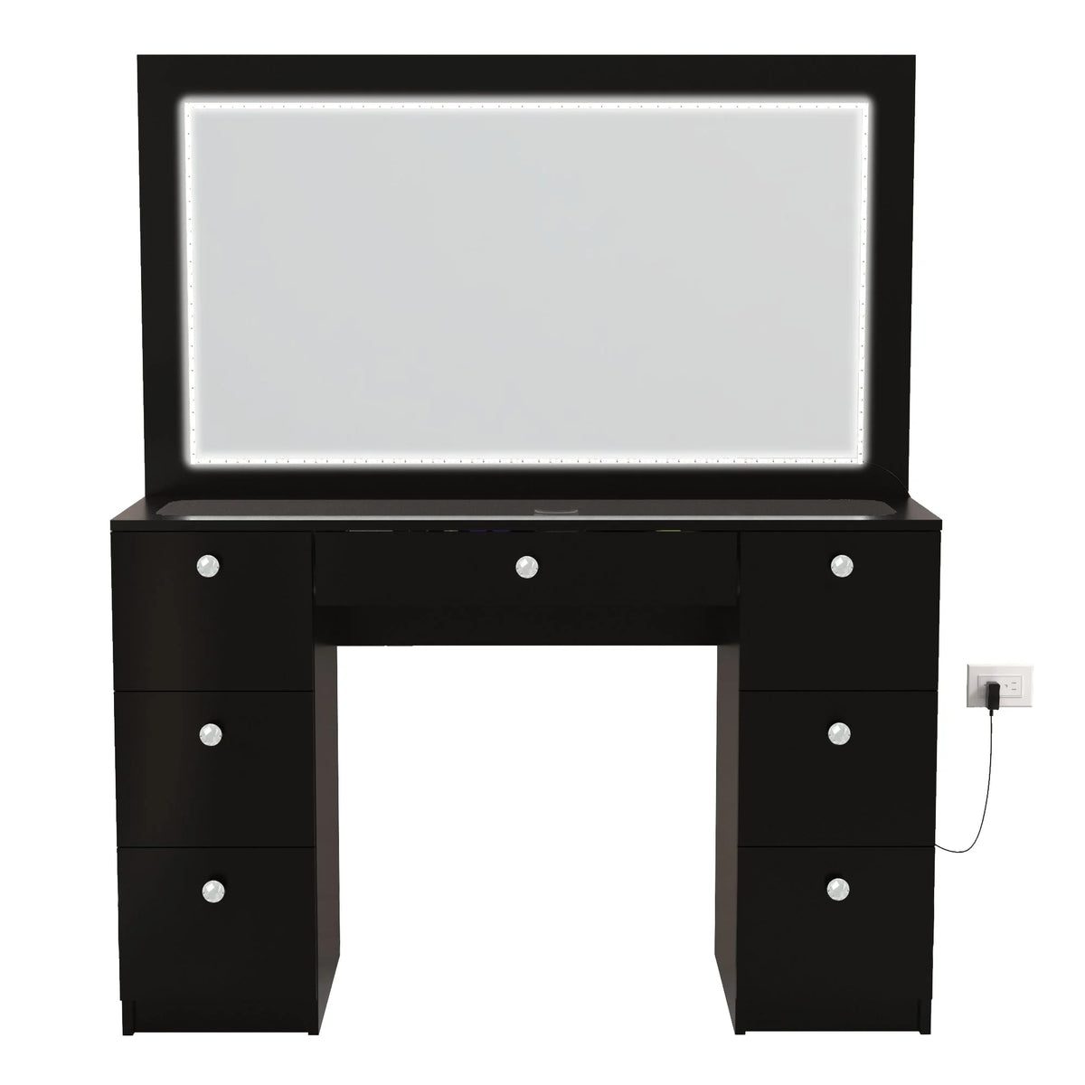Black Vanity Desk with LED Lights, 7 Drawers, Mirror Y158