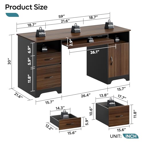 59" Executive Desk with 2 Drawers, Storage Cabinet, File Drawer, Keyboard Tray & 2 Pedestals, Cherry Q46581