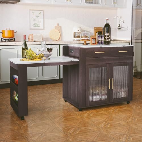 Extendable Kitchen Island on Wheels with Power Outlet and Storage Cabinet and Drawers U186
