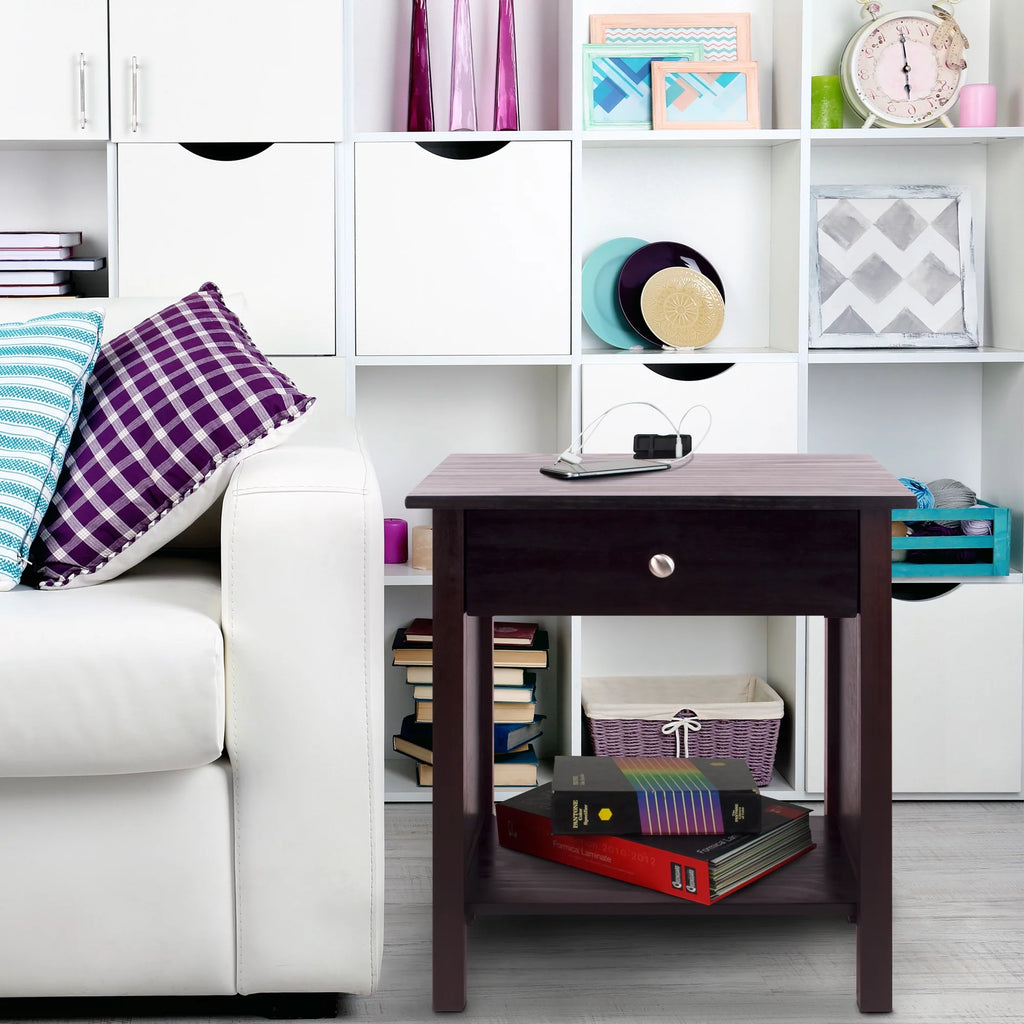 Espresso Wooden Nightstand with USB Ports and One Drawer I6892