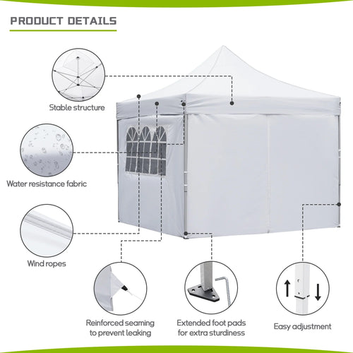 10' x 10' Pop up Canopy Tent with 4 Side Panels, White P954