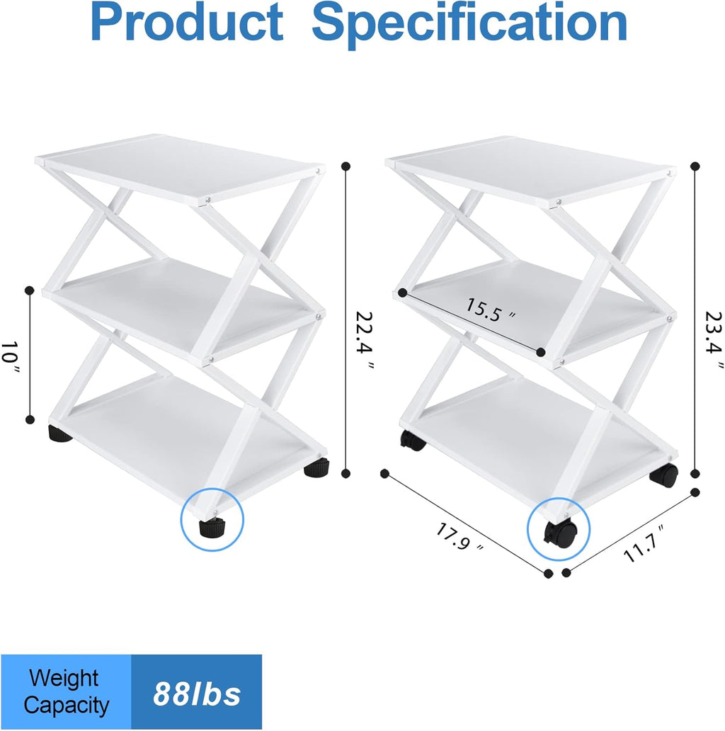 White 3 Tiers Printer Stand Cart with Storage Shelf on Wheels K517647