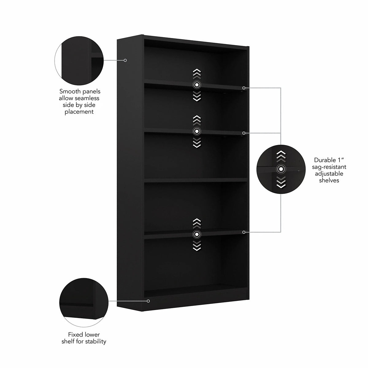 5 Shelf Classic Black Bookcase M9628