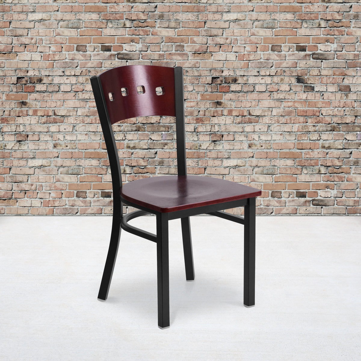 2 Pk Black Metal Restaurant Chair with Mahogany Wood Back & Seat Q739699