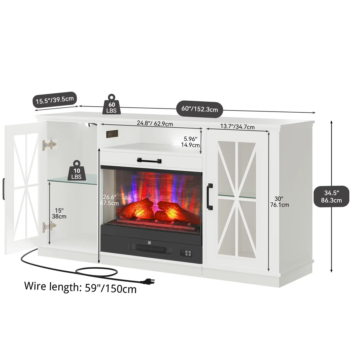 60 Inch White Entertainment Console with Slidable Fireplace and Storage Compartments D481363