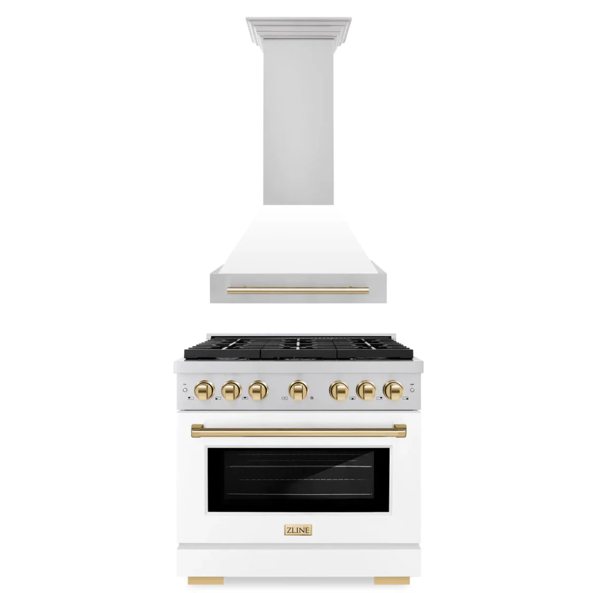 36 In. Gas Range and Range Hood with White Matte Door and Gold Accents C850