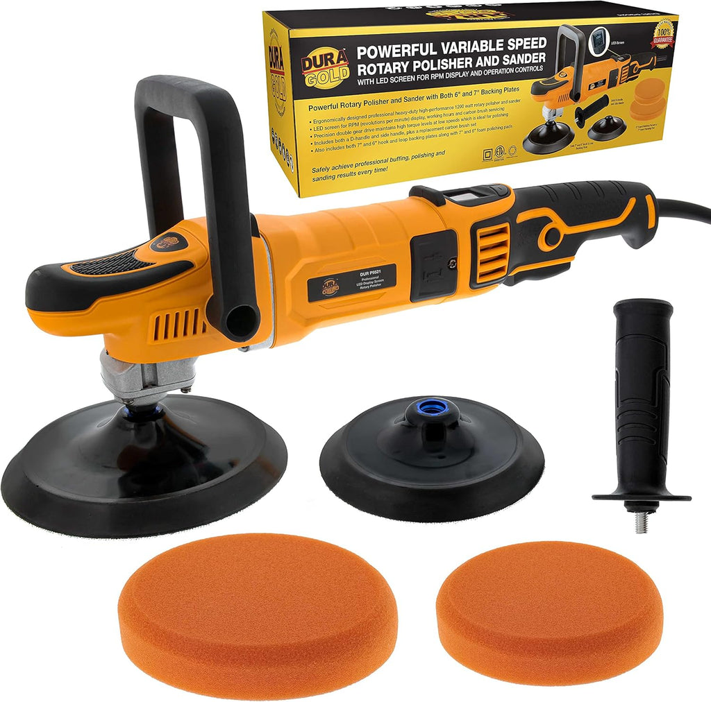 7 Rotary Polisher Buffer Sander with LED Screen Variable Speed RPM Control, 1200 Watts, 2 Buffing Polishing Pads V497456