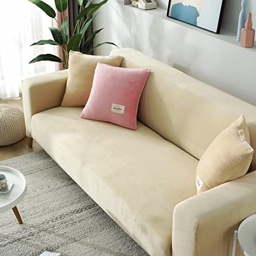 Beige 2 Seater Stretch Velvet Sofa Slipcover with Non Slip Elastic Straps N52885