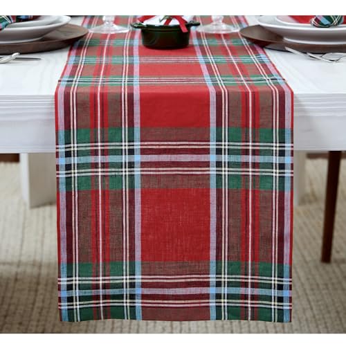 100% Pure Linen Green Tartan Plaid Table Runner 14 x 72 Inch W65036