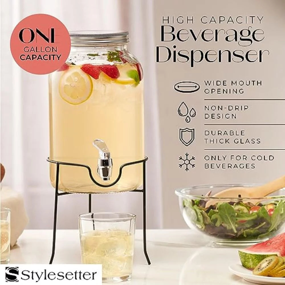 Clear Glass Beverage Dispenser with Spigot and Stand 1 Gallon N9490