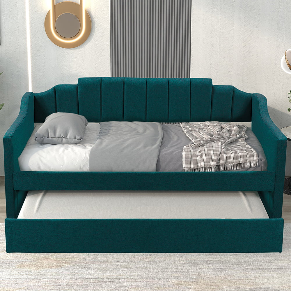 Green Fabric Upholstered Wooden Daybed with Trundle G6148
