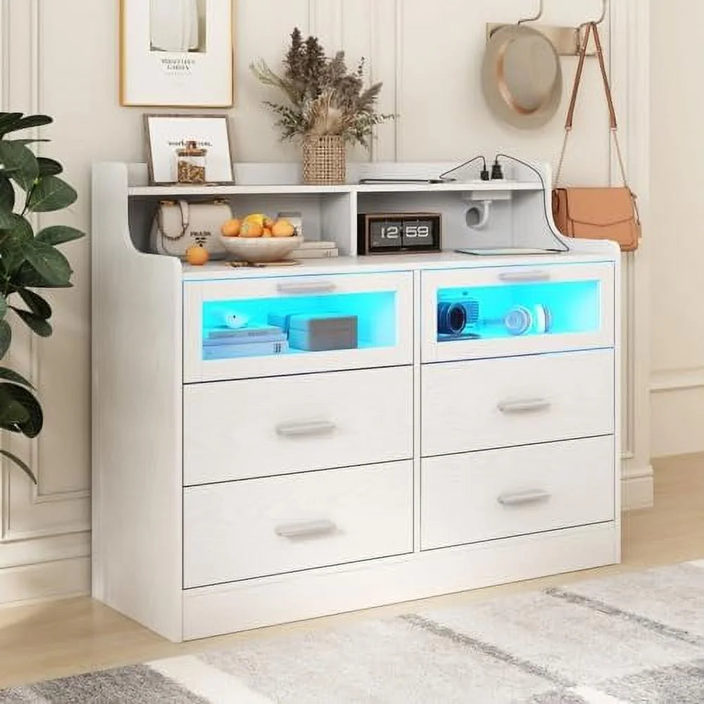 White 6 Drawer Wood Dresser with Charging Station F24670