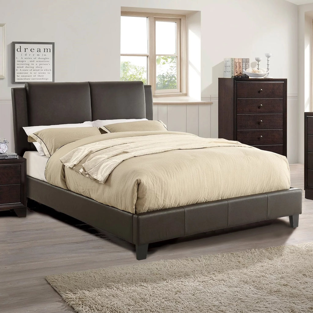 Brown Faux Leather Queen Size Upholstered Platform Bed J248817