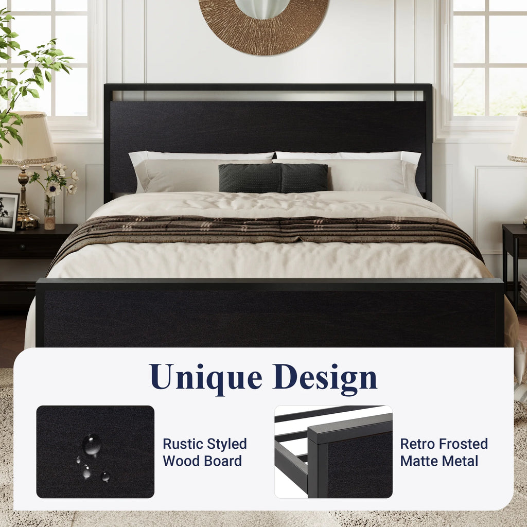 Walnut King Size Platform Bed Frame with Wood Headboard Z86209
