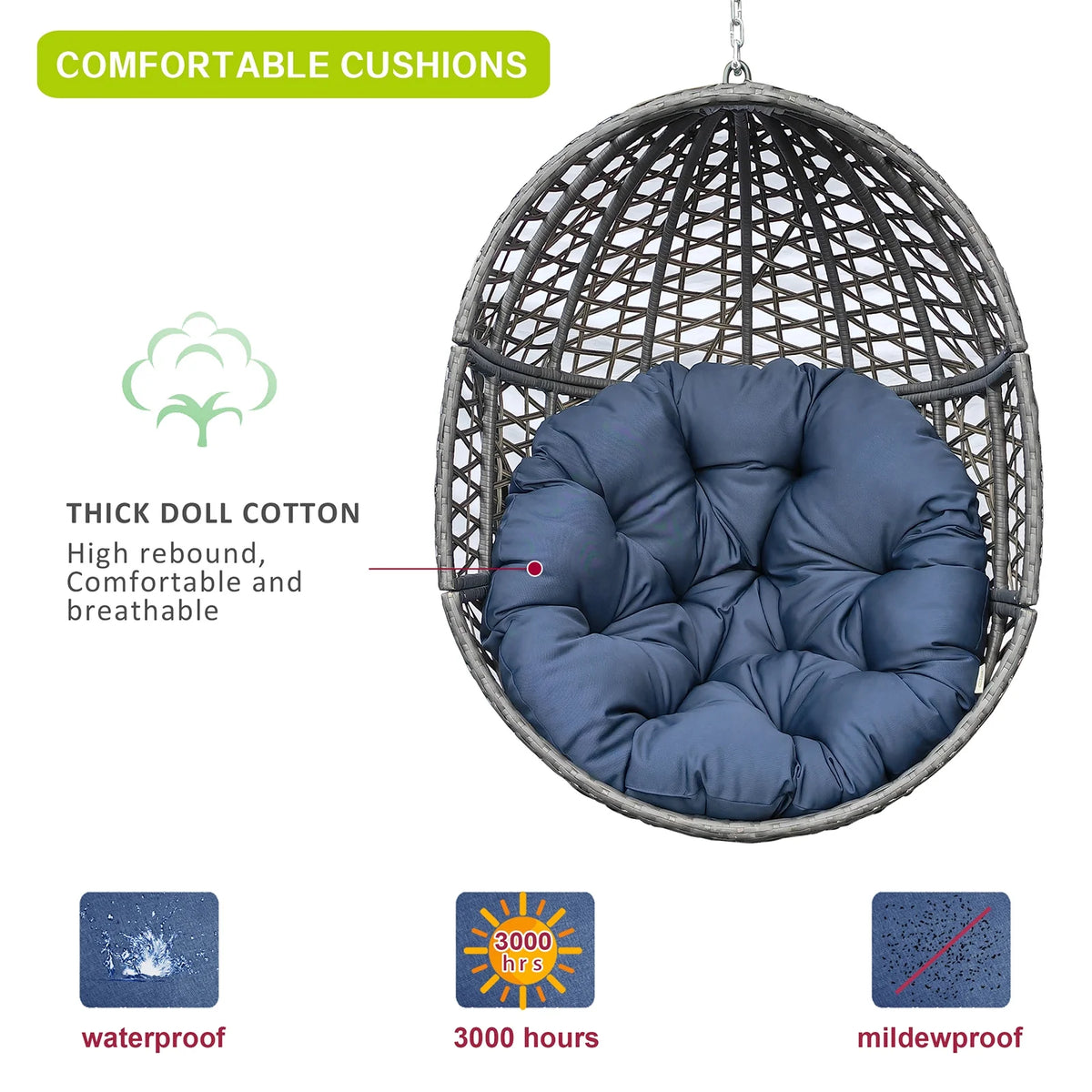 Navy Blue Resin Wicker Hanging Egg Chair W56450