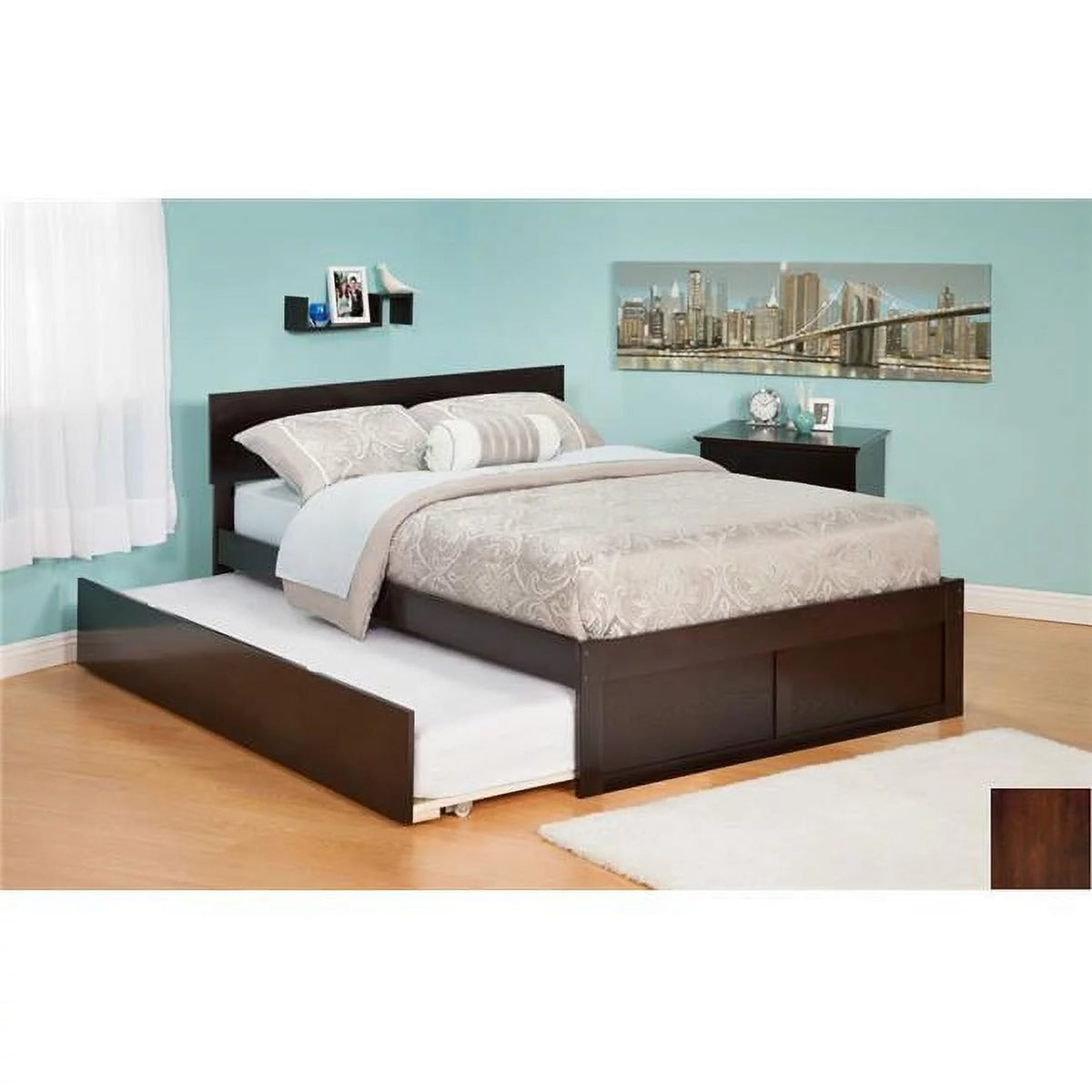 Twin Bed with Flat Panel Foot Board and Trundle Bed Antique Walnut L58671
