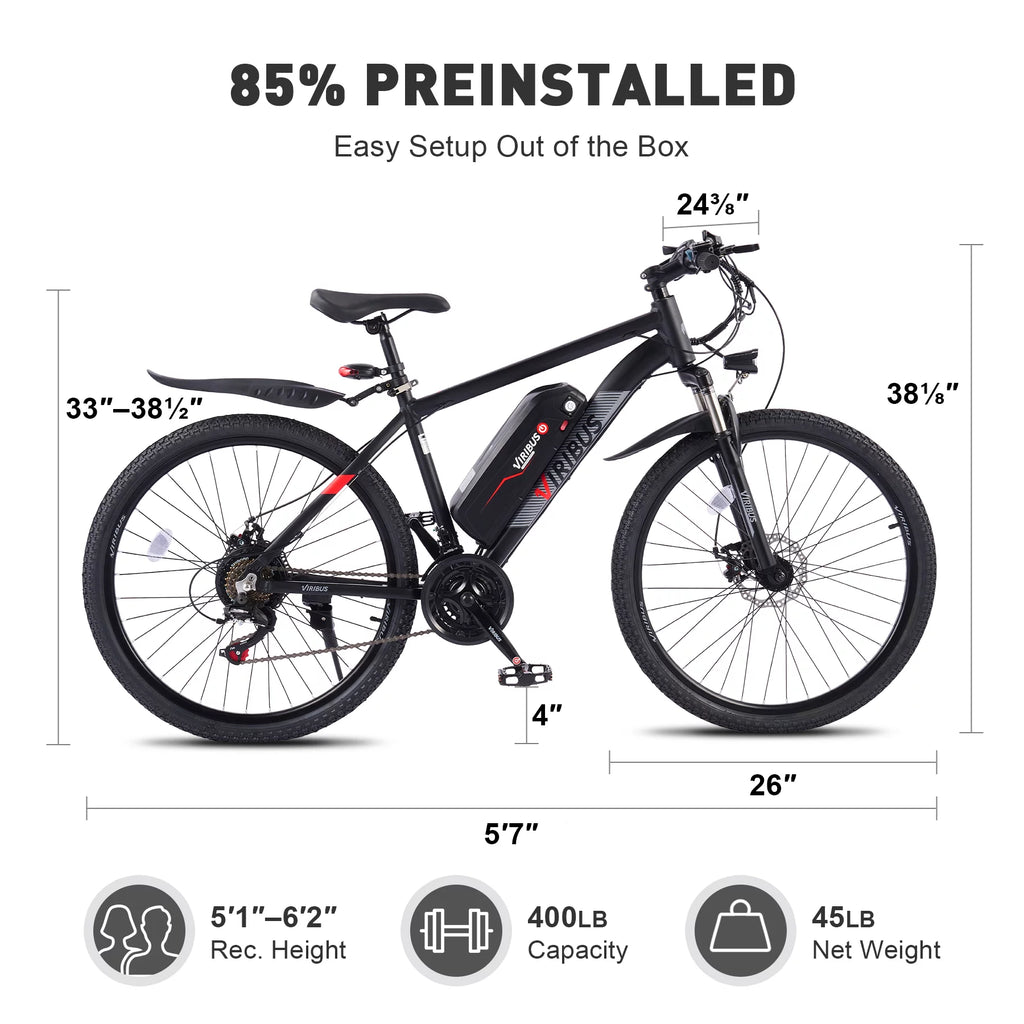 Electric Mountain Bicycle 26" 350W 48V Lithium Battery Black T205227