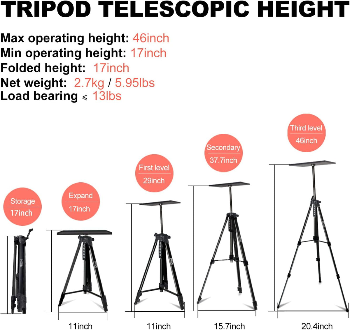 Aluminum Multifunction Tripod Stand with Tray, 17" to 46", Pack of 2 H8240