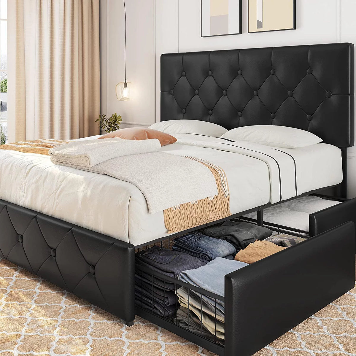 Queen Size Upholstered Bed Frame with 4 Drawers T97485