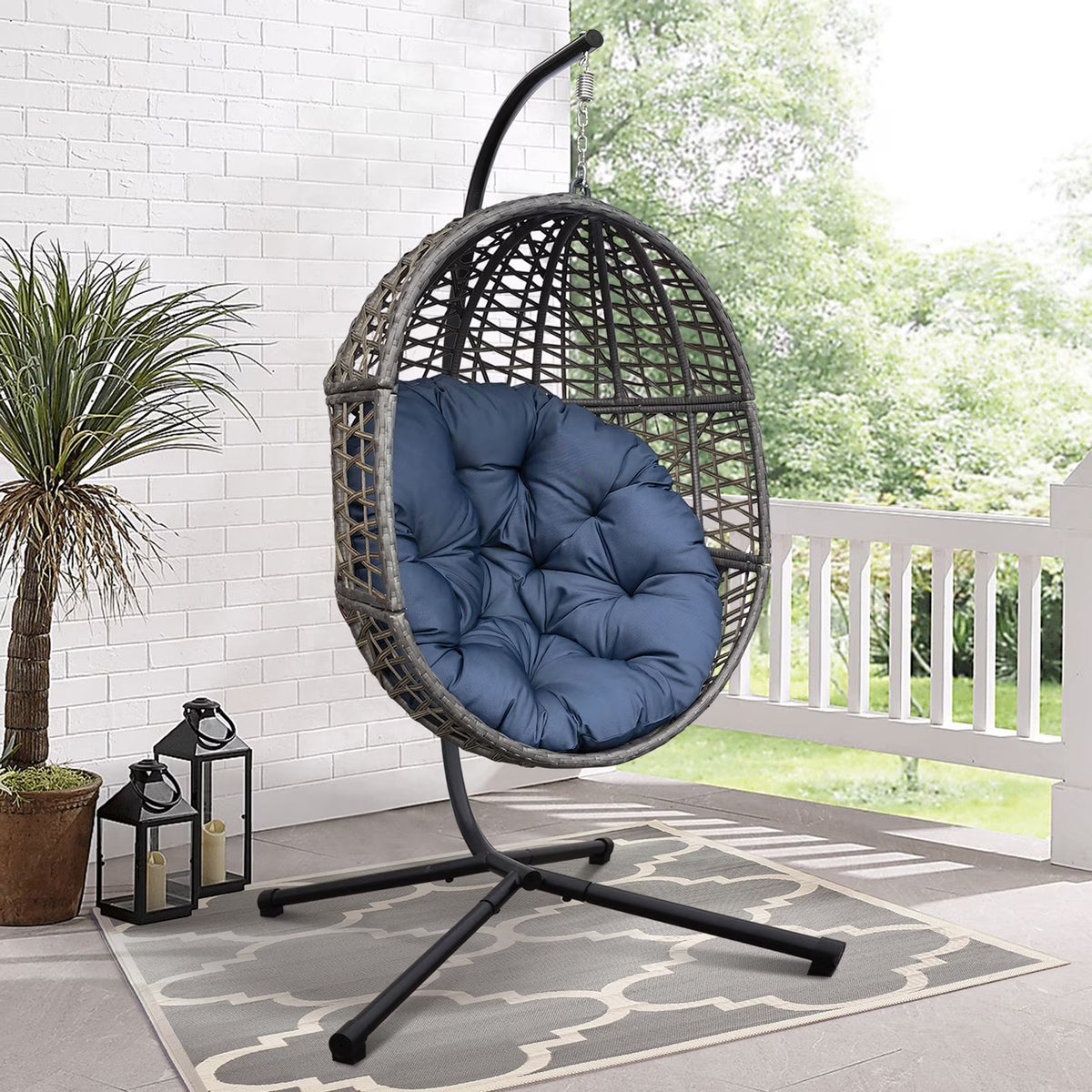 Navy Blue Resin Wicker Hanging Egg Chair W56450