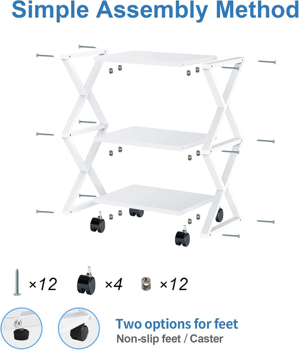 White 3 Tiers Printer Stand Cart with Storage Shelf on Wheels K517647
