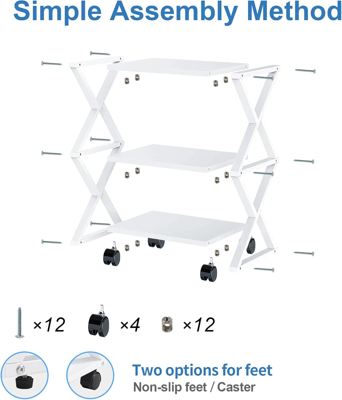 White 3 Tiers Printer Stand Cart with Storage Shelf on Wheels K517647