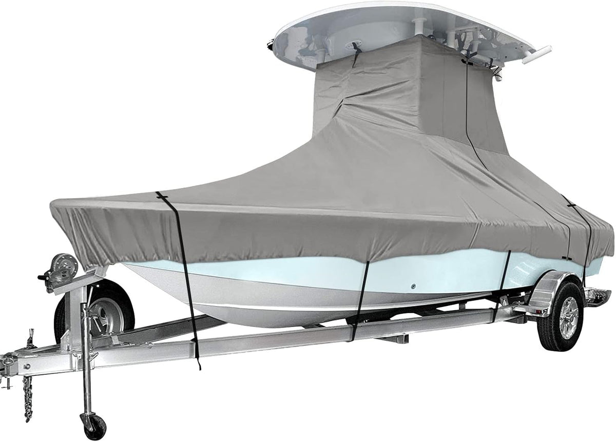 Trailerable Boat Cover, 600D Heavy Duty, Fits V-Hull Center Console Boat 17ft-19ft Long, Beam Width up to 96in, Support Pole Included H230
